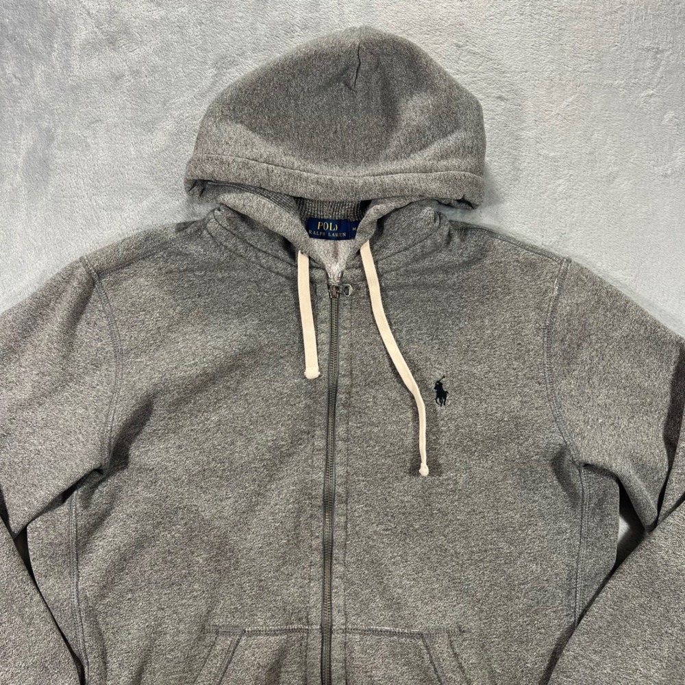 POLO RALPH LAUREN Full Zip Hoodie Mens Medium Grey Excellent Fleece Pony Logo